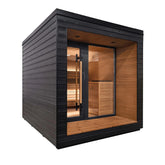 Stylishly designed outdoor sauna with all-glass doors for a luxurious family spa experience