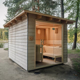 &s 4-Person Solid Wood Square Outdoor Sauna Room with Panoramic Window Shower Luxury Spruce Plug Powered Steam Cabin