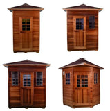 Luxury portable red cedar sauna showcasing multiple views of the elegant design and quality cedar wood.