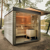 &s 4-Person Solid Wood Square Outdoor Sauna Room with Panoramic Window Shower Luxury Spruce Plug Powered Steam Cabin