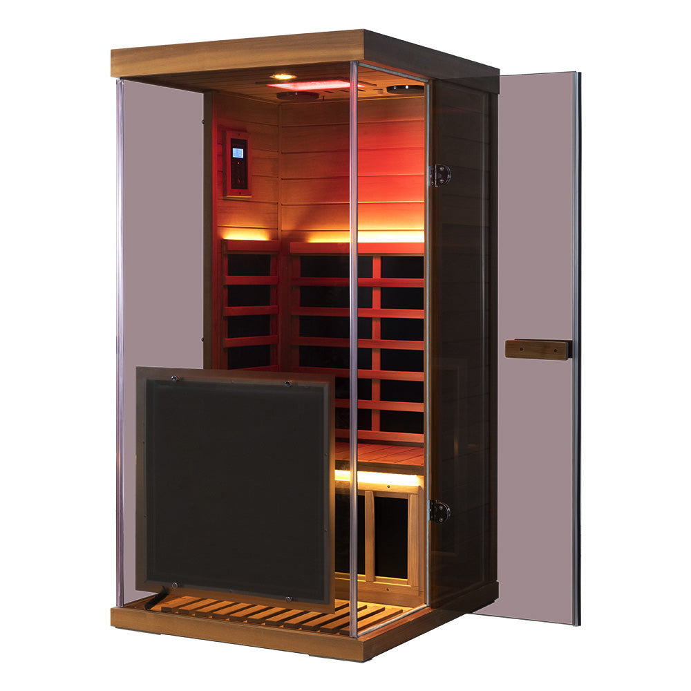 Wizzisaunas 909MRX — Outdoor Barrel Sauna in Red Cedar (Left Door)