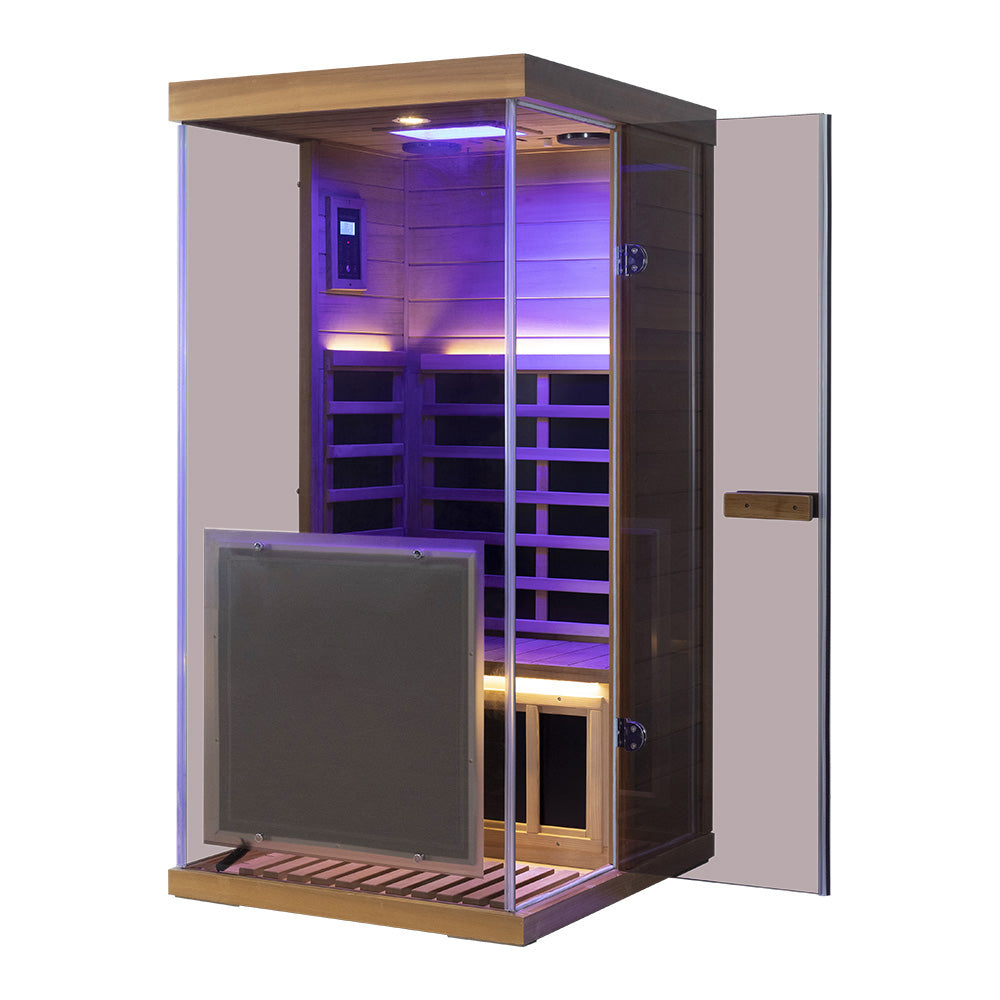 Wizzisaunas 909MRX — Outdoor Barrel Sauna in Red Cedar (Left Door)