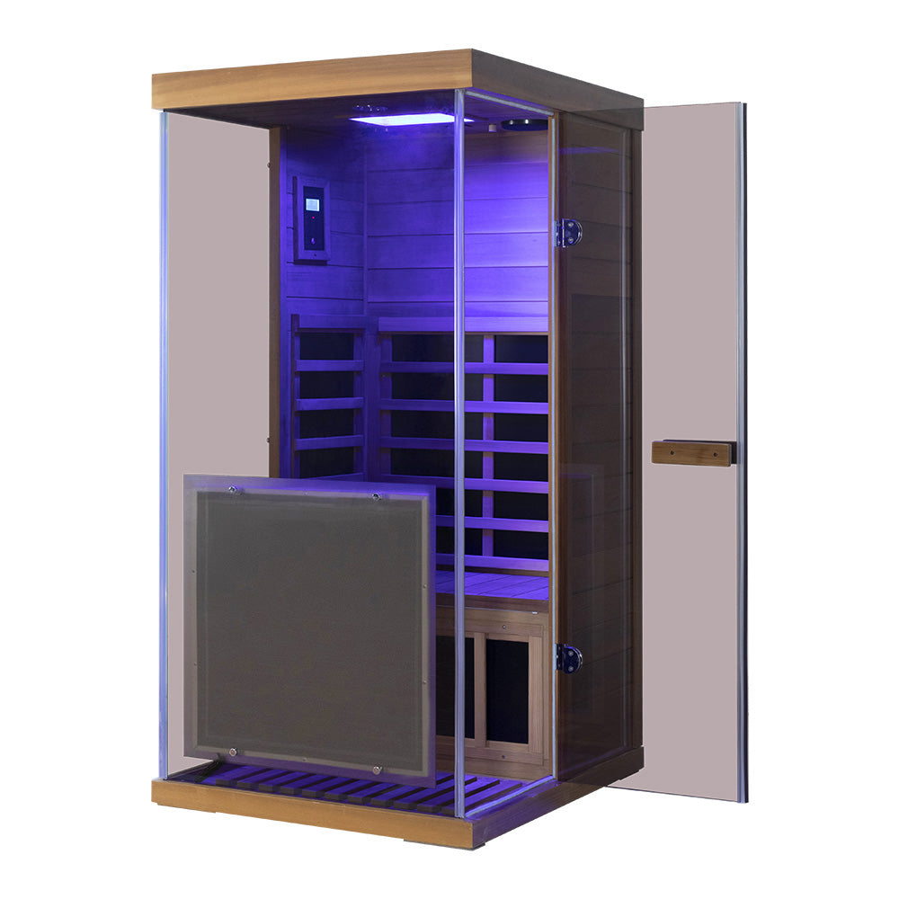 Wizzisaunas 909MRX — Outdoor Barrel Sauna in Red Cedar (Left Door)