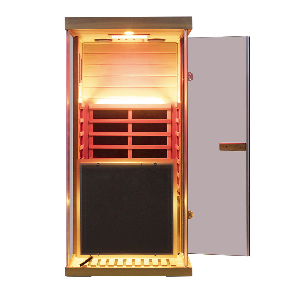 Wizzisaunas 909MRX — Outdoor Barrel Sauna in Red Cedar (Left Door)