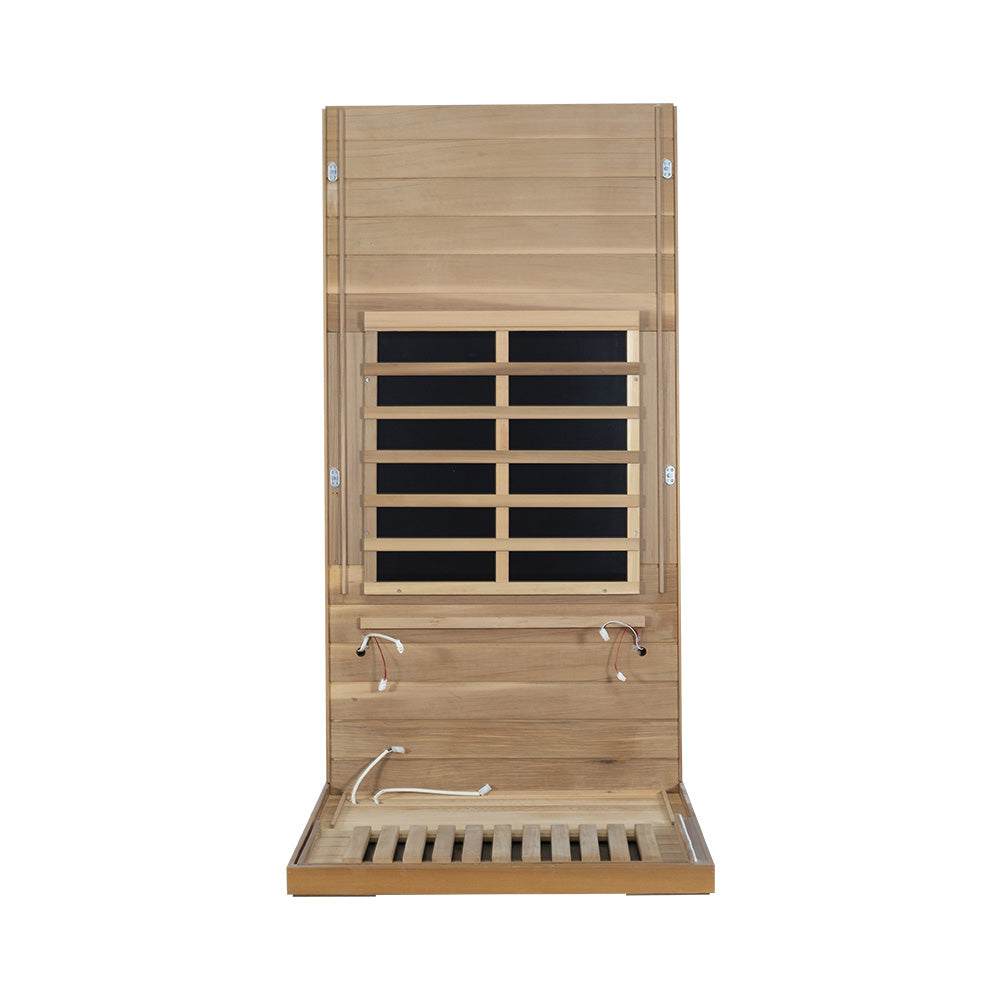 Wizzisaunas 909MRX — Outdoor Barrel Sauna in Red Cedar (Left Door)