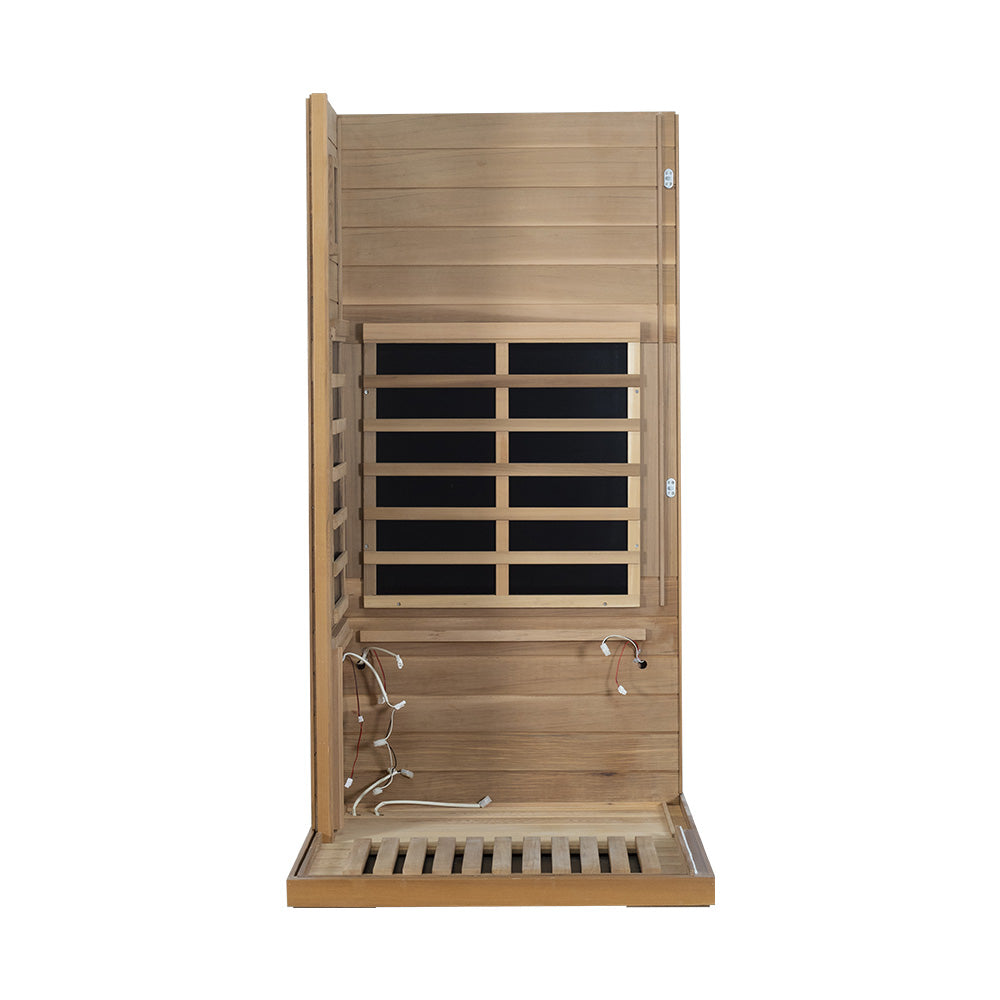 Wizzisaunas 909MRX — Outdoor Barrel Sauna in Red Cedar (Left Door)