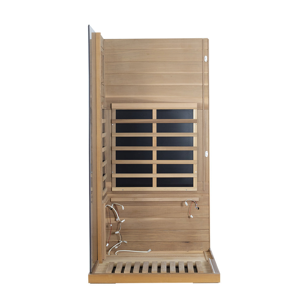 Wizzisaunas 909MRX — Outdoor Barrel Sauna in Red Cedar (Left Door)