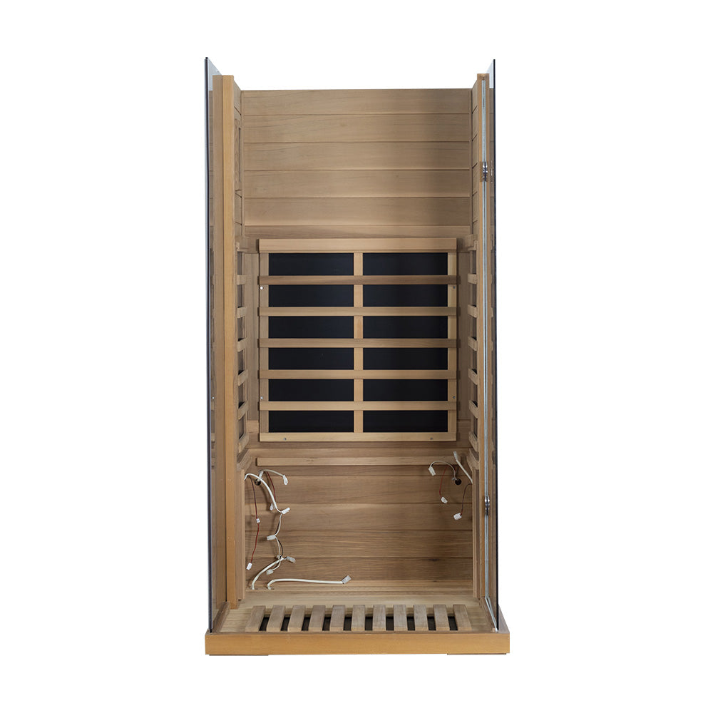 Wizzisaunas 909MRX — Outdoor Barrel Sauna in Red Cedar (Left Door)