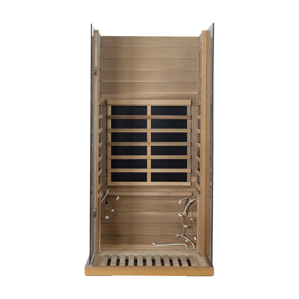 Wizzisaunas 909MRX — Outdoor Barrel Sauna in Red Cedar (Right Door)