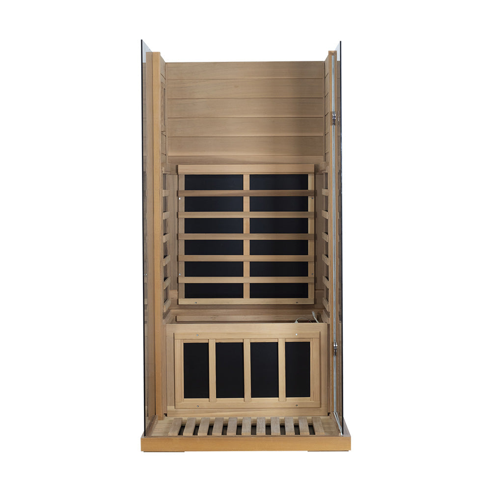 Wizzisaunas 909MRX — Outdoor Barrel Sauna in Red Cedar (Left Door)