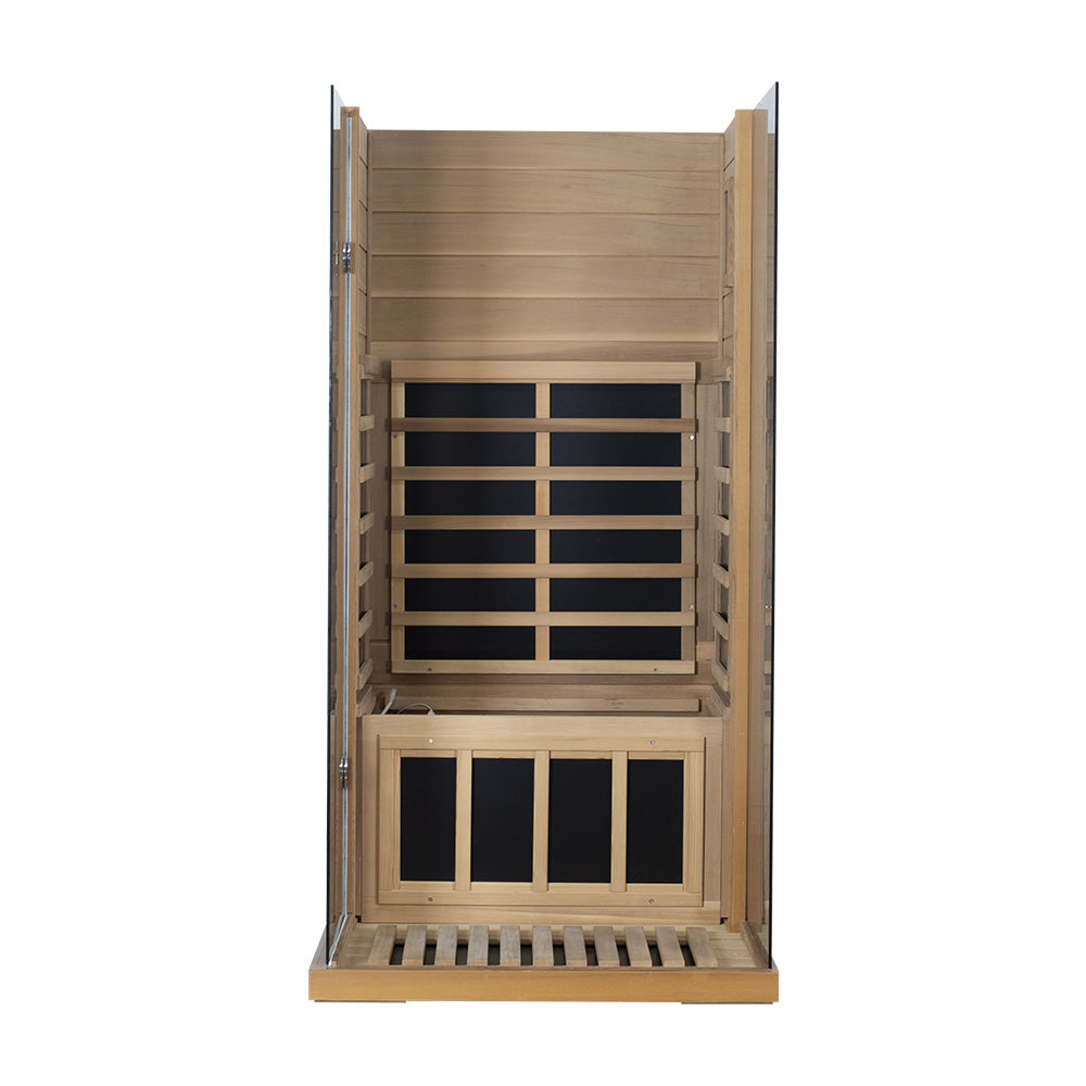 Wizzisaunas 909MRX — Outdoor Barrel Sauna in Red Cedar (Right Door)