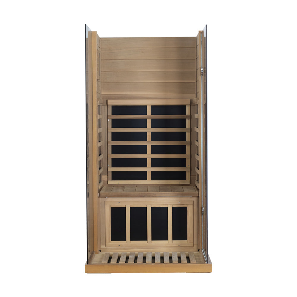 Wizzisaunas 909MRX — Outdoor Barrel Sauna in Red Cedar (Left Door)
