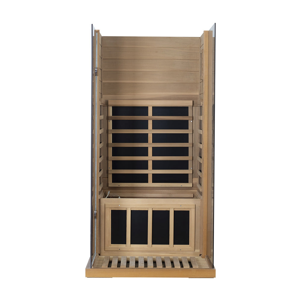 Wizzisaunas 909MRX — Outdoor Barrel Sauna in Red Cedar (Right Door)