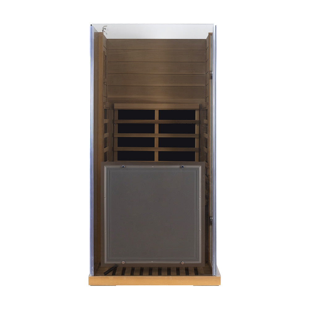 Wizzisaunas 909MRX — Outdoor Barrel Sauna in Red Cedar (Left Door)
