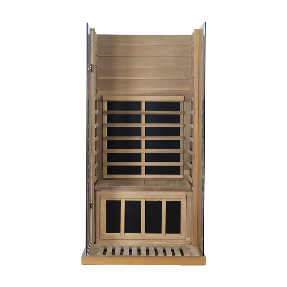 Wizzisaunas 909MRX — Outdoor Barrel Sauna in Red Cedar (Right Door)