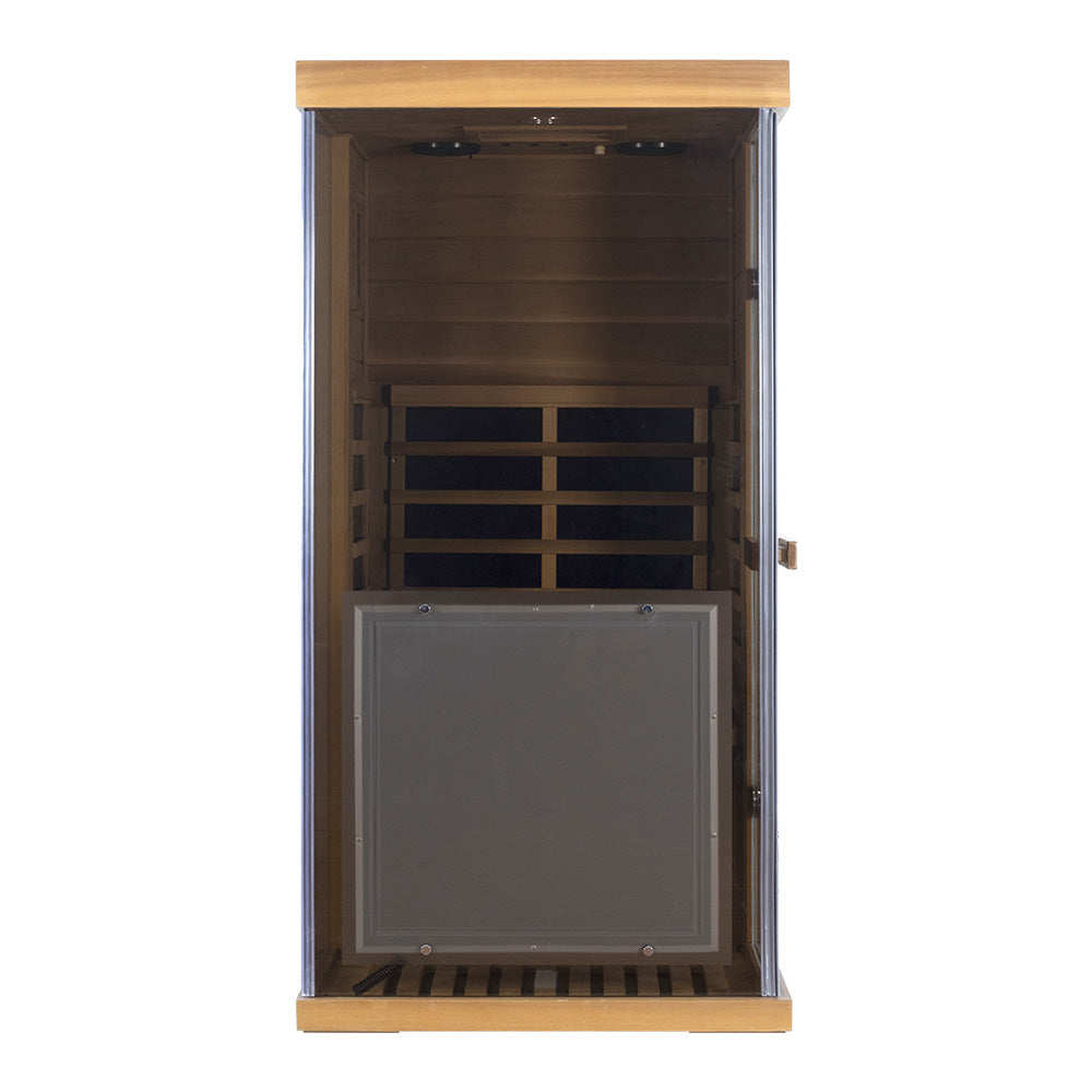 Wizzisaunas 909MRX — Outdoor Barrel Sauna in Red Cedar (Left Door)