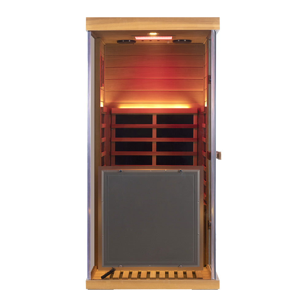 Wizzisaunas 909MRX — Outdoor Barrel Sauna in Red Cedar (Left Door)