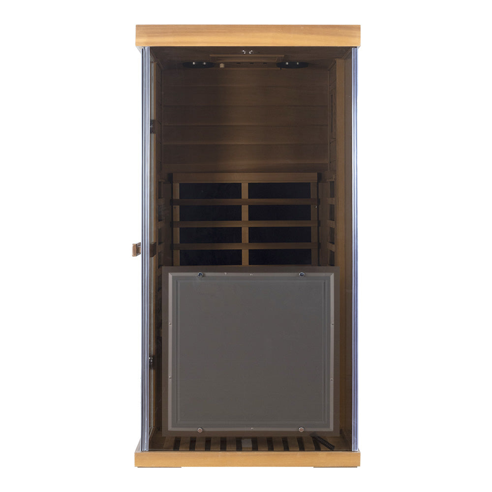 Wizzisaunas 909MRX — Outdoor Barrel Sauna in Red Cedar (Right Door)