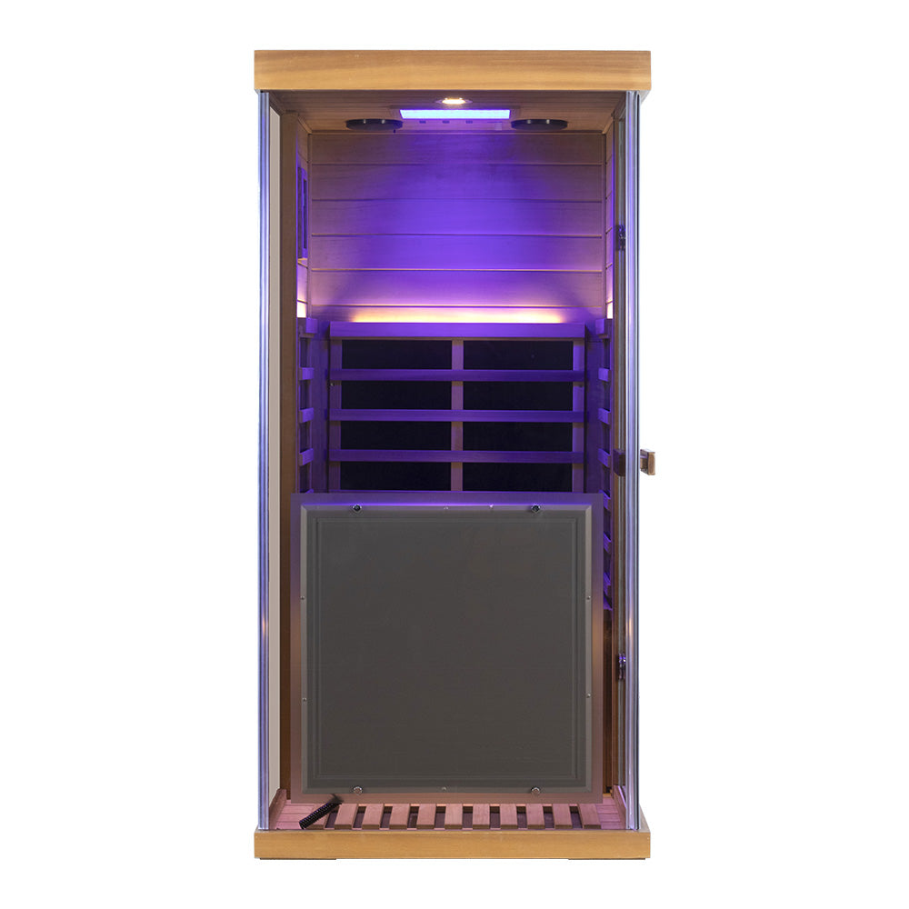 Wizzisaunas 909MRX — Outdoor Barrel Sauna in Red Cedar (Left Door)