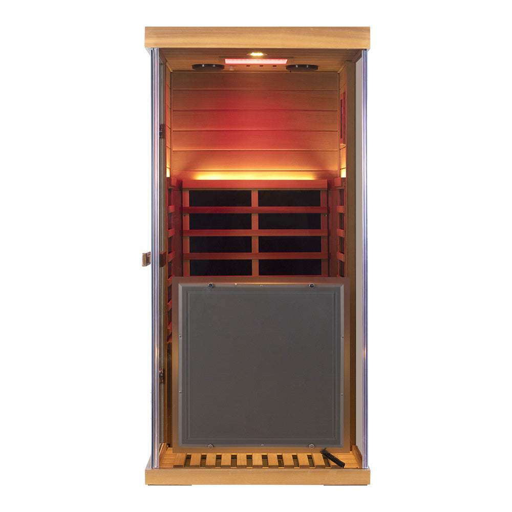 Wizzisaunas 909MRX — Outdoor Barrel Sauna in Red Cedar (Right Door)