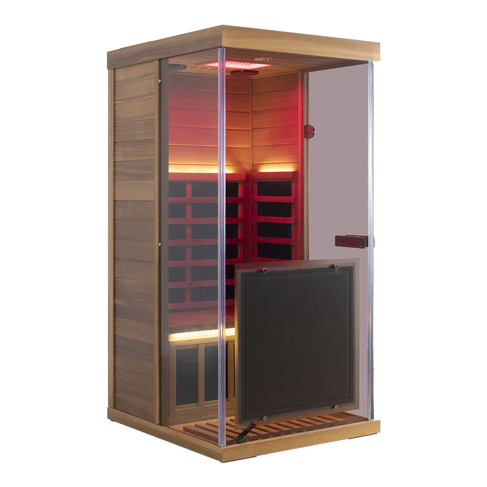 Wizzisaunas 909MRX — Outdoor Barrel Sauna in Red Cedar (Left Door)