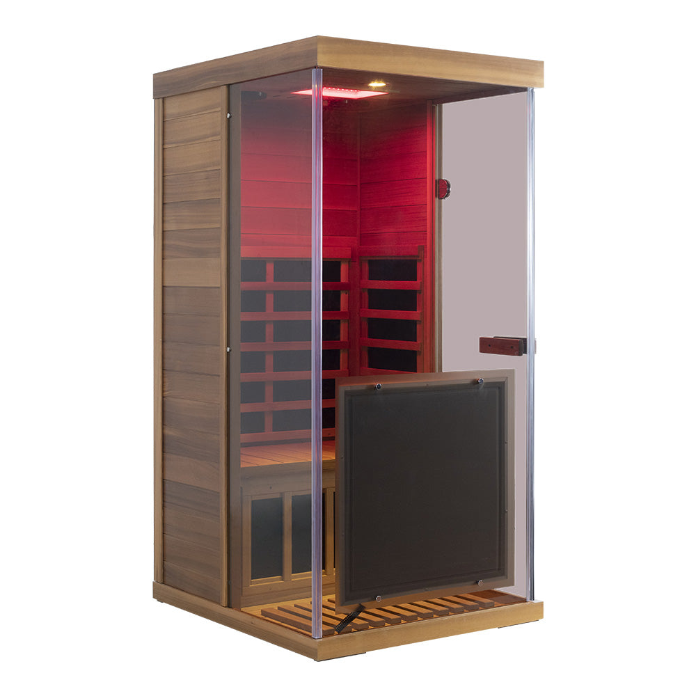 Wizzisaunas 909MRX — Outdoor Barrel Sauna in Red Cedar (Left Door)