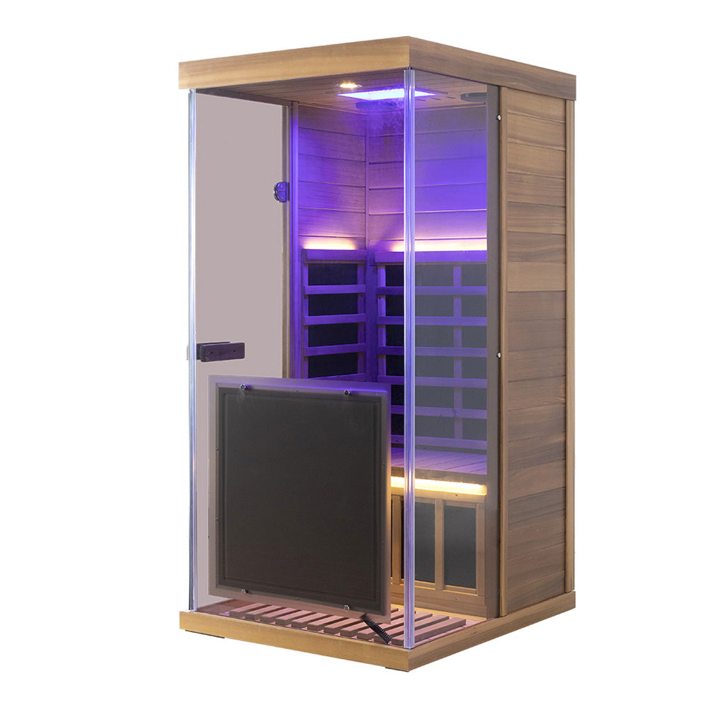 Wizzisaunas 909MRX — Outdoor Barrel Sauna in Red Cedar (Right Door)