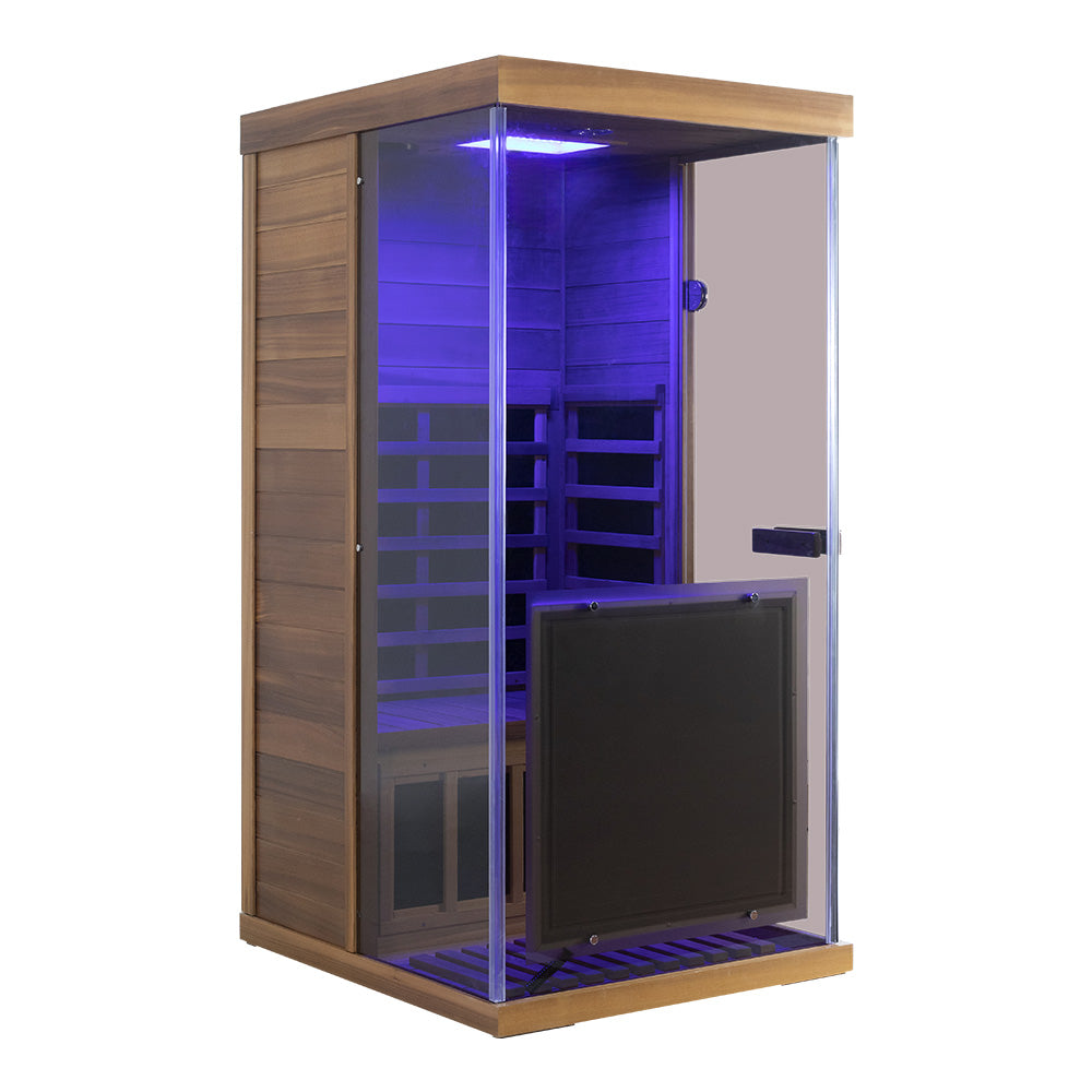 Wizzisaunas 909MRX — Outdoor Barrel Sauna in Red Cedar (Left Door)