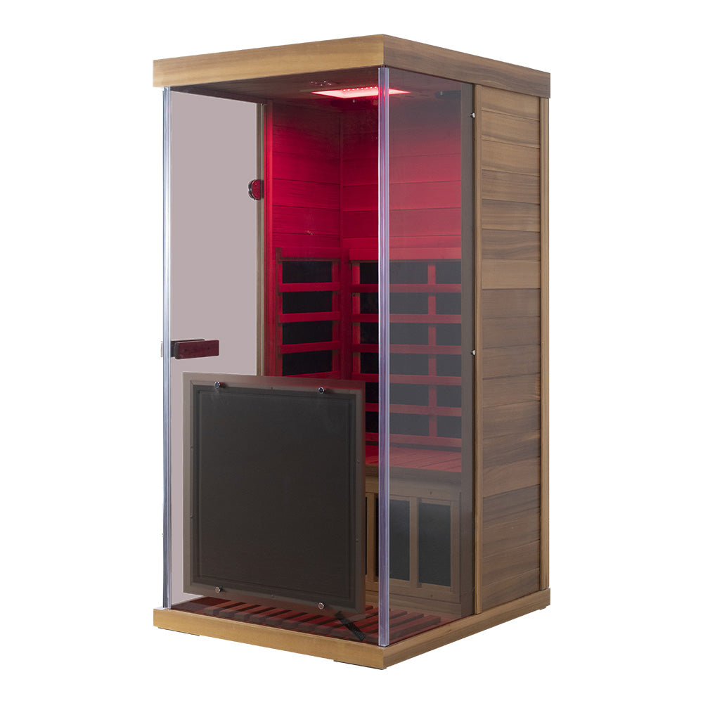 Wizzisaunas 909MRX — Outdoor Barrel Sauna in Red Cedar (Right Door)