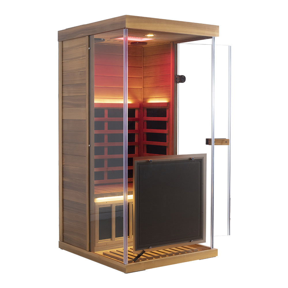 Wizzisaunas 909MRX — Outdoor Barrel Sauna in Red Cedar (Left Door)
