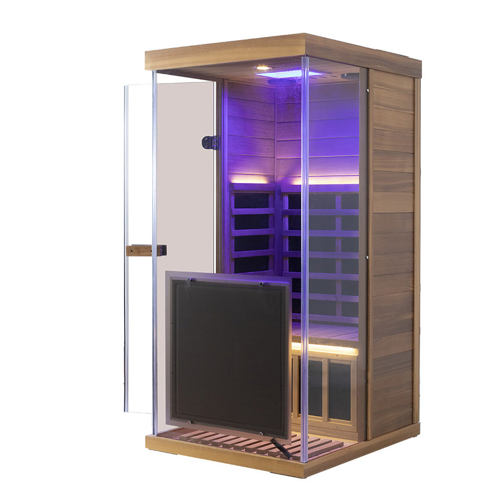 Wizzisaunas 909MRX — Outdoor Barrel Sauna in Red Cedar (Right Door)