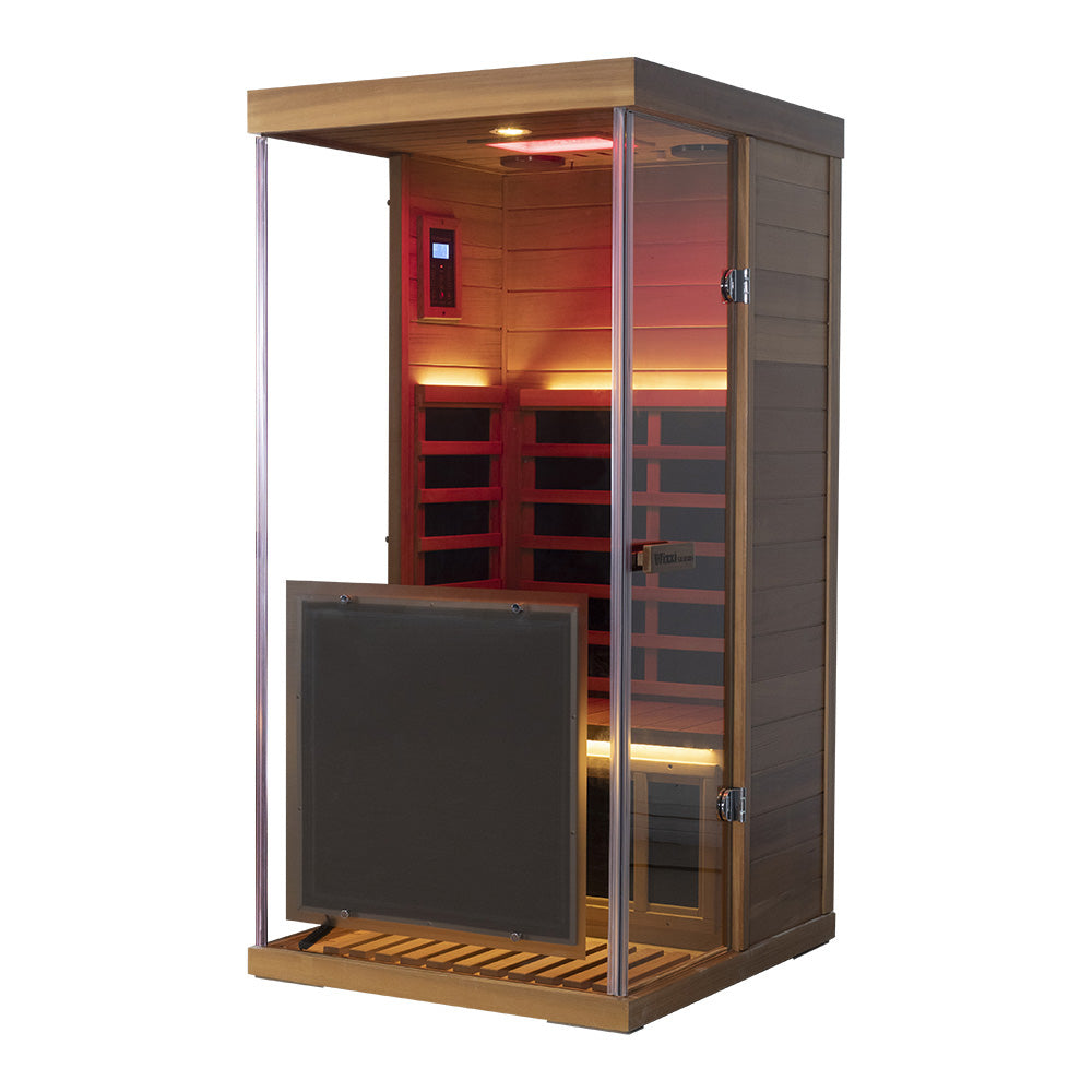Wizzisaunas 909MRX — Outdoor Barrel Sauna in Red Cedar (Left Door)