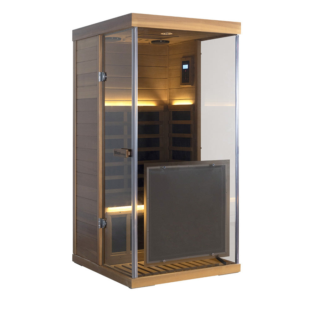 Wizzisaunas 909MRX — Outdoor Barrel Sauna in Red Cedar (Right Door)