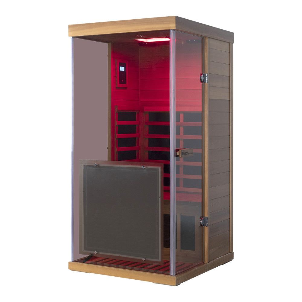 Wizzisaunas 909MRX — Outdoor Barrel Sauna in Red Cedar (Left Door)