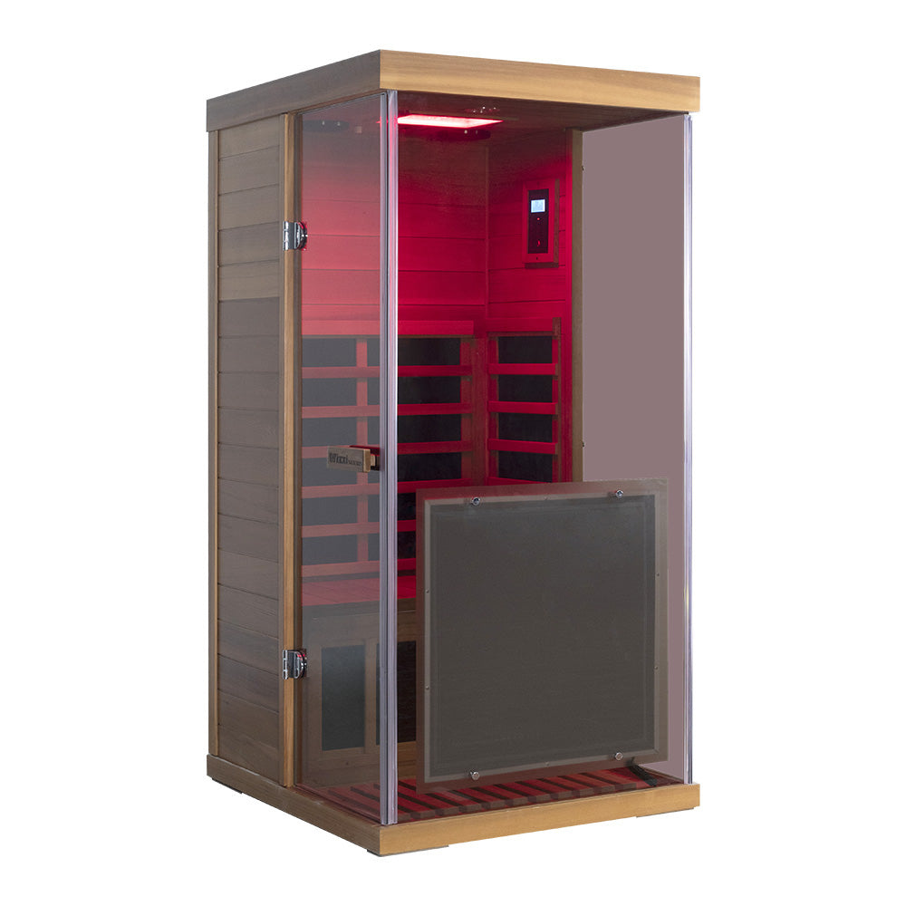 Wizzisaunas 909MRX — Outdoor Barrel Sauna in Red Cedar (Right Door)