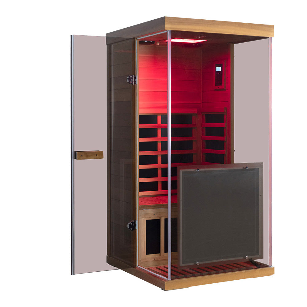 Wizzisaunas 909MRX — Outdoor Barrel Sauna in Red Cedar (Right Door)