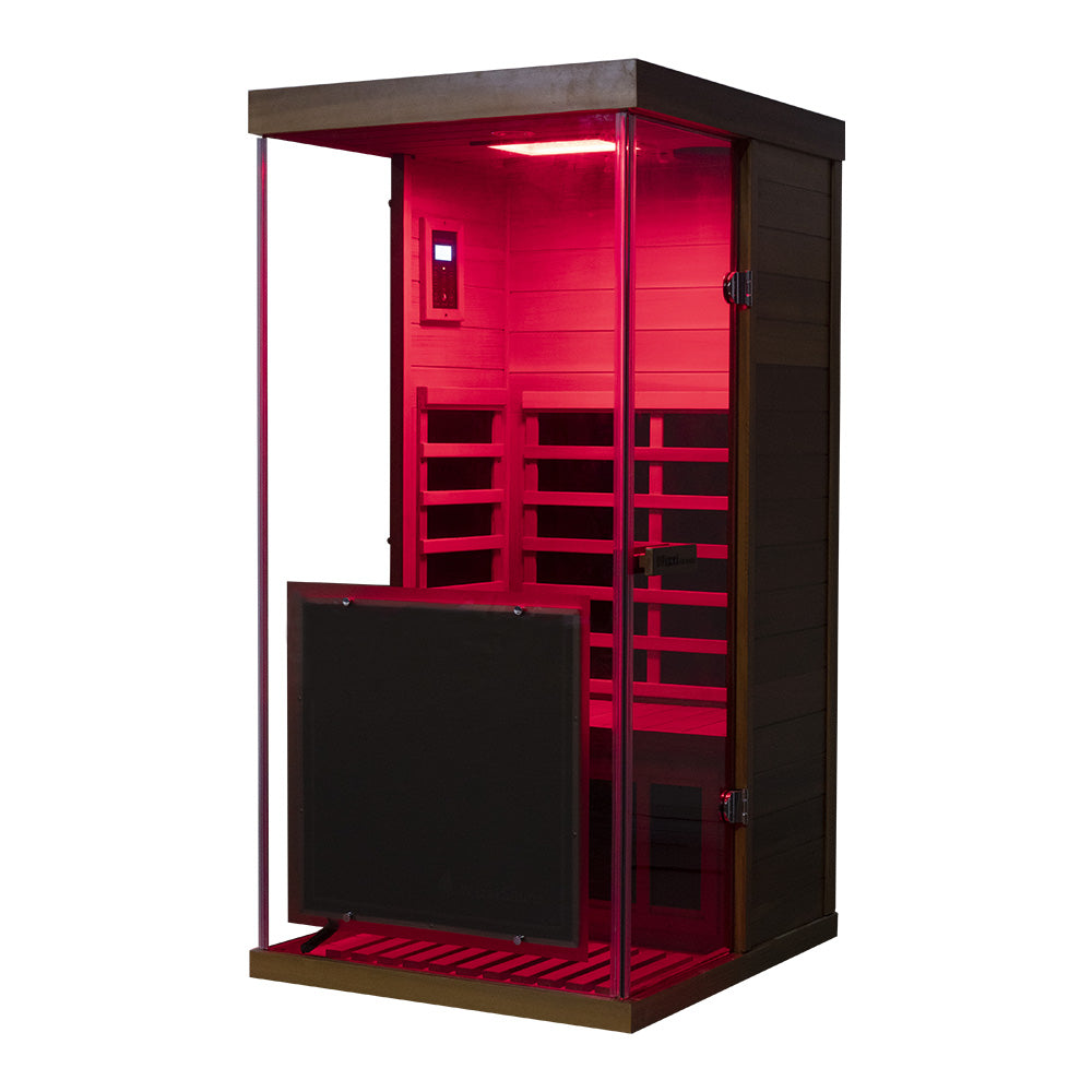 Wizzisaunas 909MRX — Outdoor Barrel Sauna in Red Cedar (Left Door)