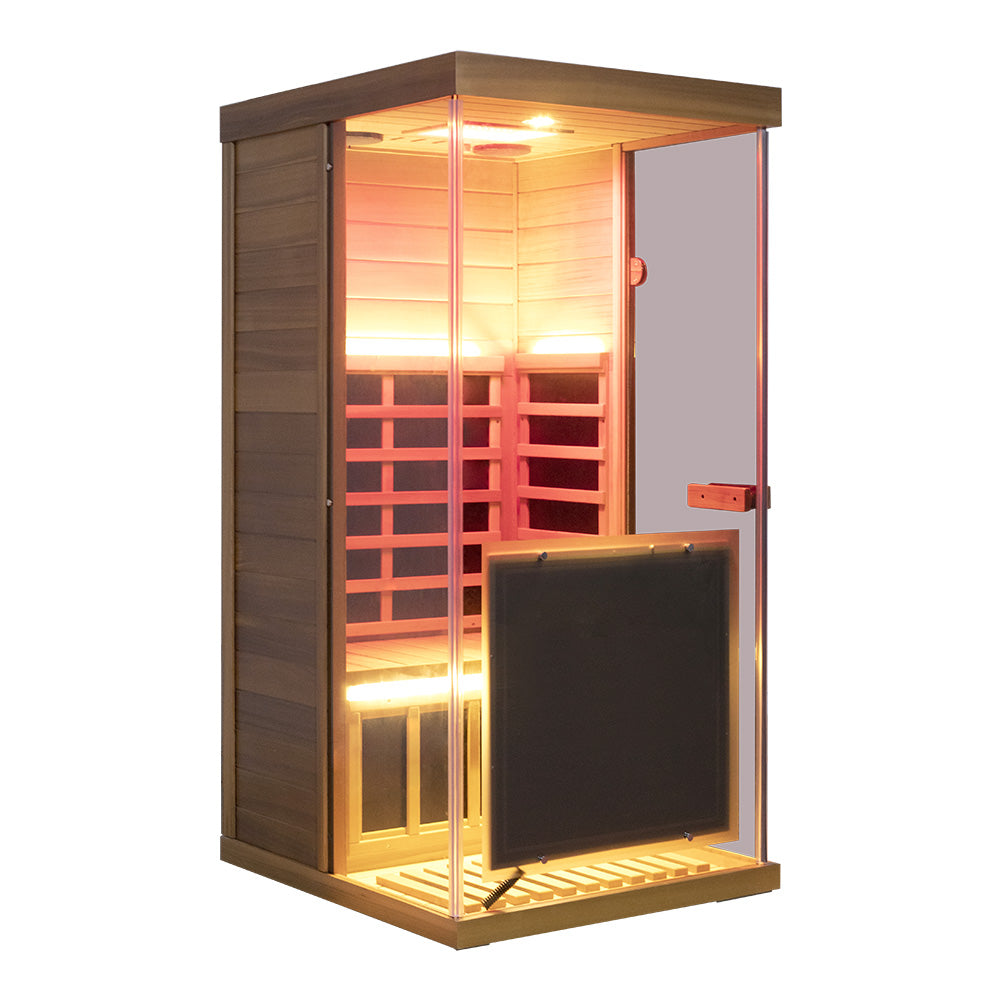 Wizzisaunas 909MRX — Outdoor Barrel Sauna in Red Cedar (Left Door)