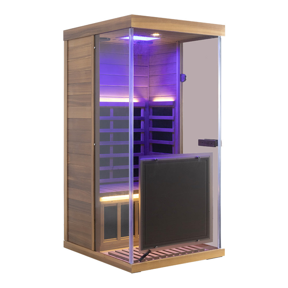 Wizzisaunas 909MRX — Outdoor Barrel Sauna in Red Cedar (Left Door)