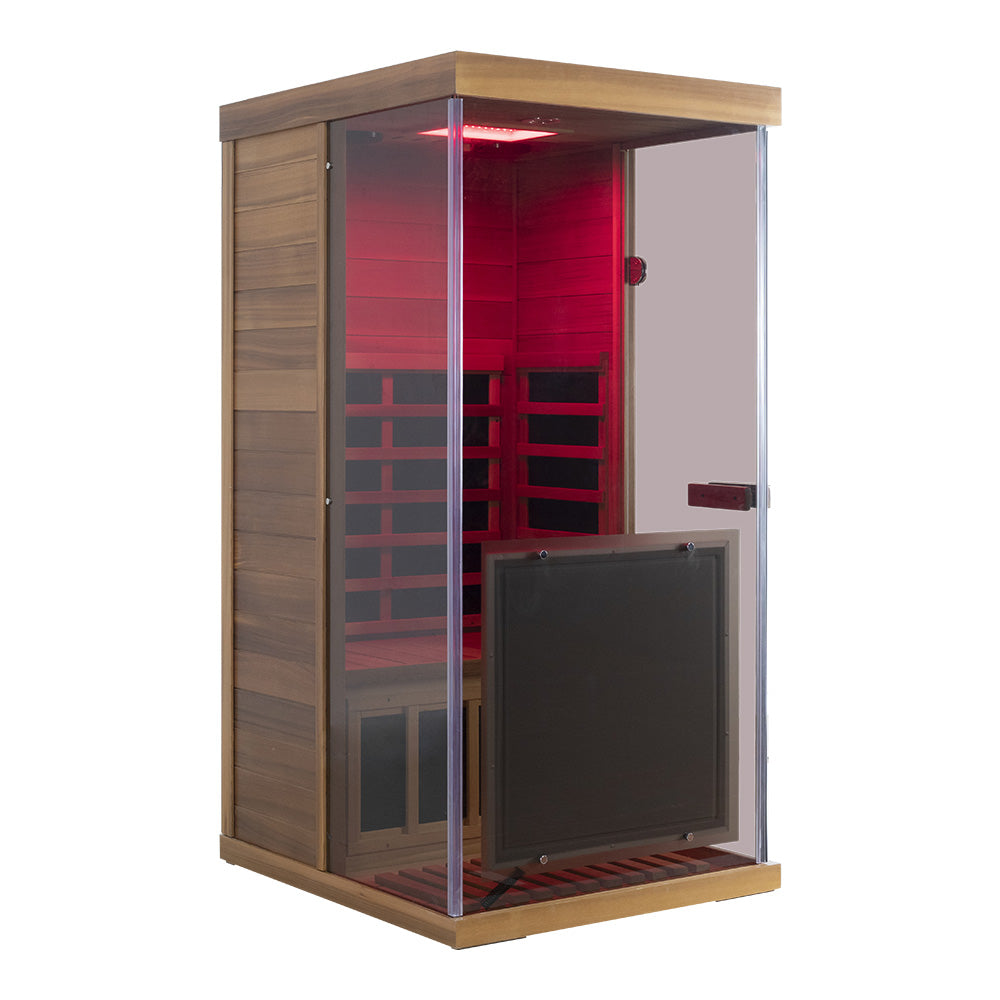 Wizzisaunas 909MRX — Outdoor Barrel Sauna in Red Cedar (Left Door)