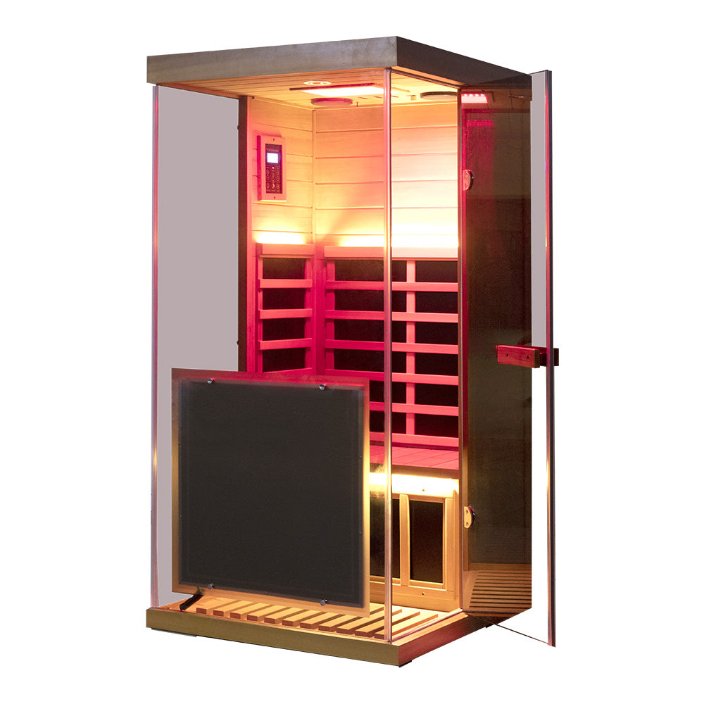 Wizzisaunas 909MRX — Outdoor Barrel Sauna in Red Cedar (Left Door)
