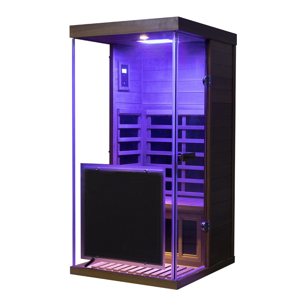 Wizzisaunas 909MRX — Outdoor Barrel Sauna in Red Cedar (Left Door)