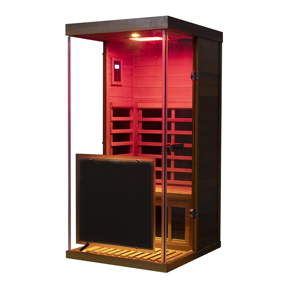Wizzisaunas 909MRX — Outdoor Barrel Sauna in Red Cedar (Left Door)