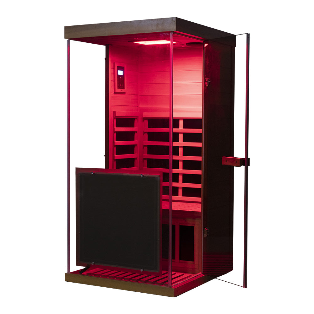Wizzisaunas 909MRX — Outdoor Barrel Sauna in Red Cedar (Left Door)