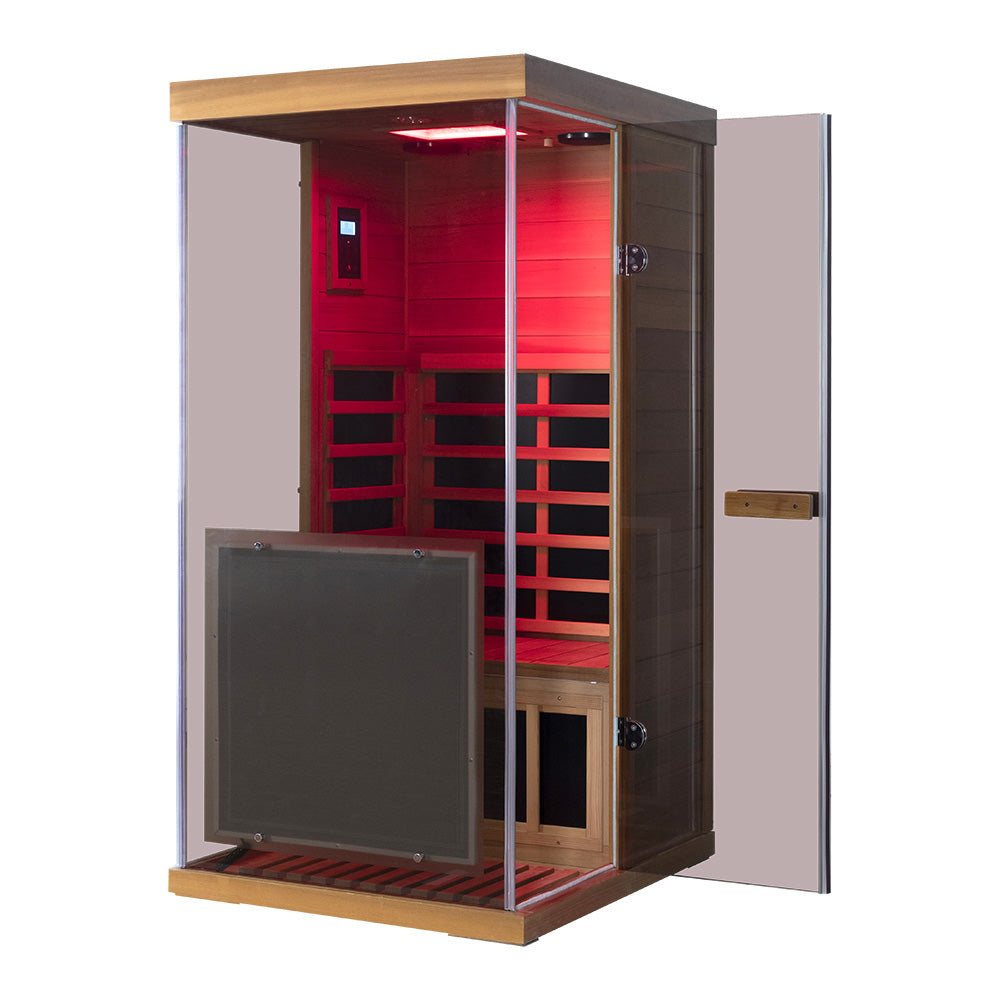 Wizzisaunas 909MRX — Outdoor Barrel Sauna in Red Cedar (Left Door)