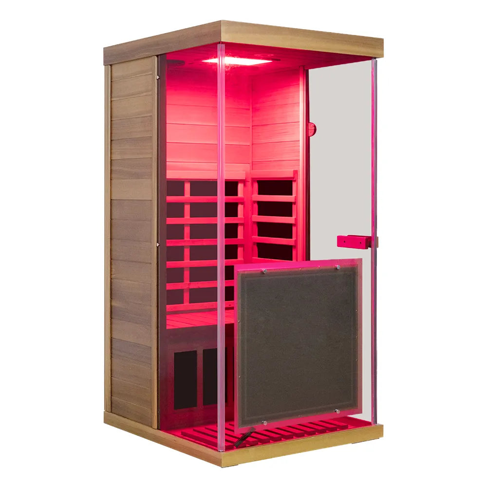 Wizzisaunas 909MRX — Outdoor Barrel Sauna in Red Cedar (Left Door)