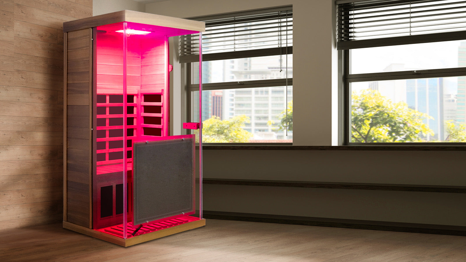 Wizzisaunas 909MRX — Outdoor Barrel Sauna in Red Cedar (Left Door)