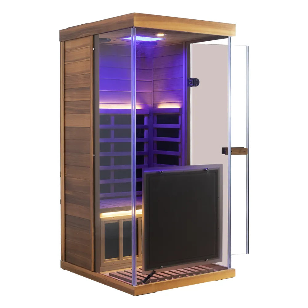 Wizzisaunas 909MRX — Outdoor Barrel Sauna in Red Cedar (Left Door)
