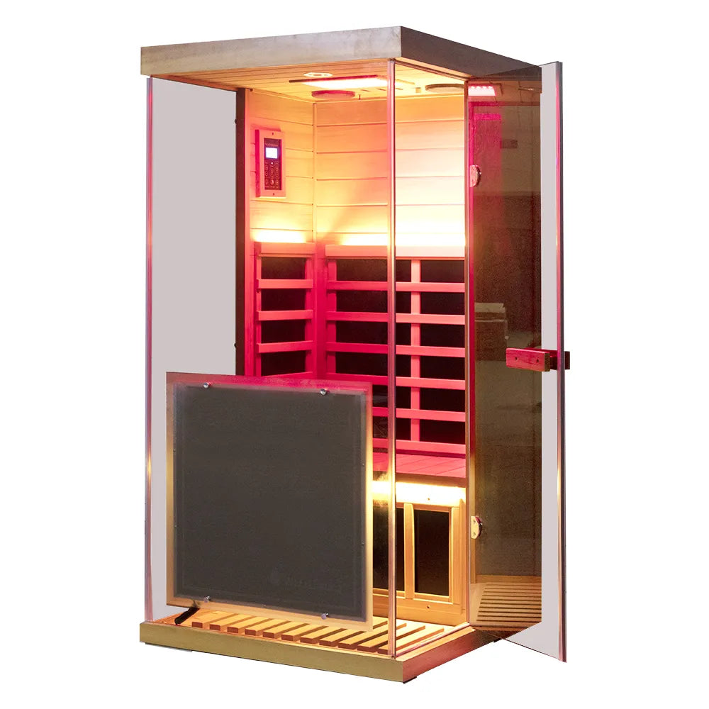 Wizzisaunas 909MRX — Outdoor Barrel Sauna in Red Cedar (Left Door)