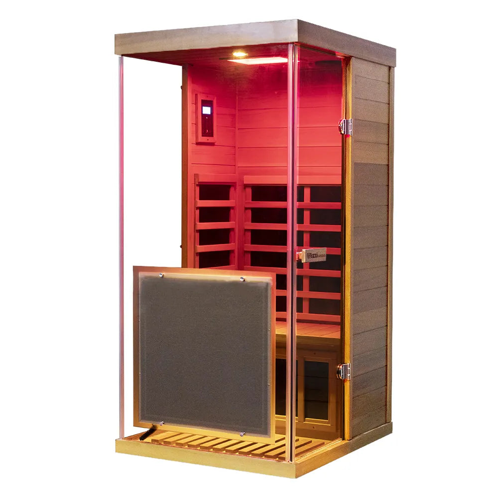 Wizzisaunas 909MRX — Outdoor Barrel Sauna in Red Cedar (Left Door)